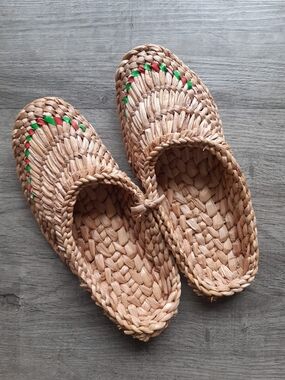 Vintage Handwoven Natural Straw Slip-On Mules with Red & Green Accents